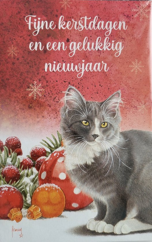 Grijze kat met witte bef, zittend naast rode kerstballen en denneboomtakken. Tekst: Fijne kerstdagen en een gelukkig nieuwjaar.