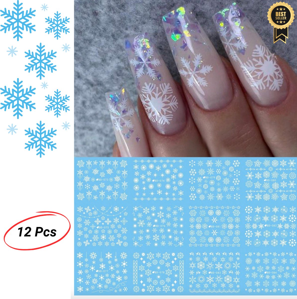Goedkoopste GUAPÀ® Nagelstickers Kerst | Diverse Patroontjes Kerst Vlokken Stickers Nagels | 3D Nagelstickers | 1 Velletje Nail Decals Kerst Sneeuw Vlokken Wit
