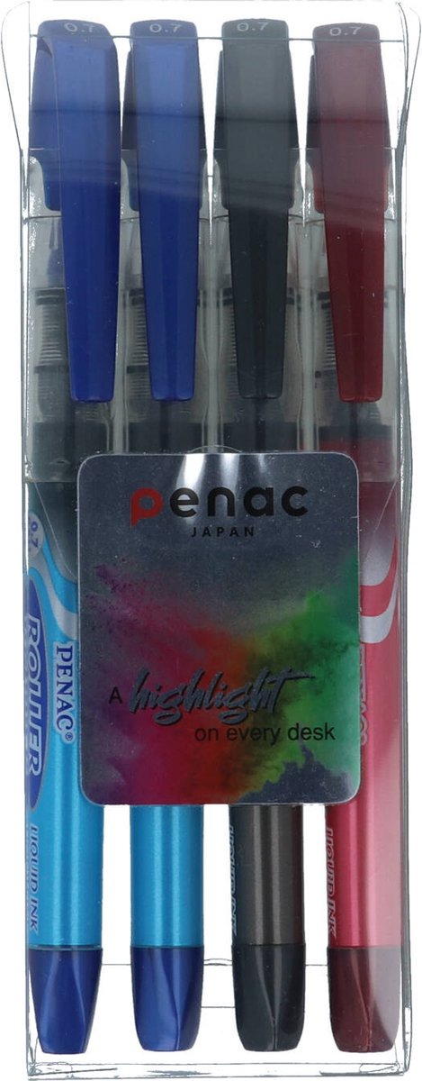 Penac Roller - Rood - Zwart - Blauw - 0.7 mm - Vloeibare Ink - 4 Rollerbalpennen