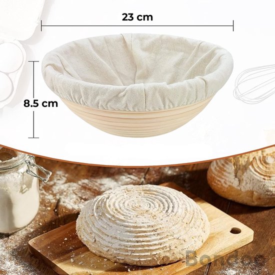 Bondoo Rijsmandje Ø 23 cm - Broodbakken - Banneton - Rijsmandje Brood - Rijsmand Rond - Zuurdesem starter set - incl Deegkleed - Deegmesje - RVS Deegschraper - Plastic Deegschraper - Deegklopper - Borstel
