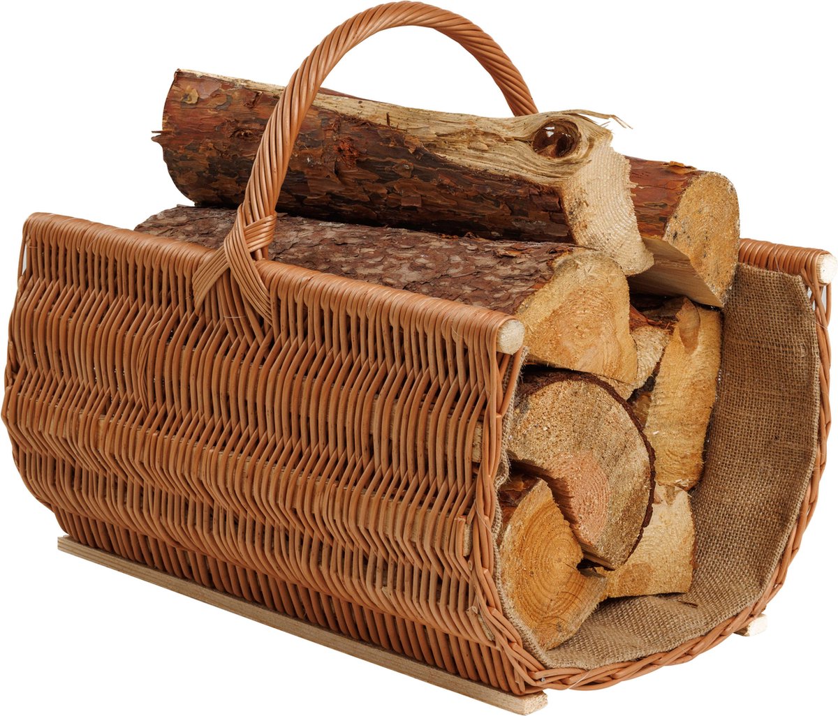 BOGATECO rieten mand met handvat | Haardkorf 50X35X25 | Handgeweven | Houten mand met versteviging
