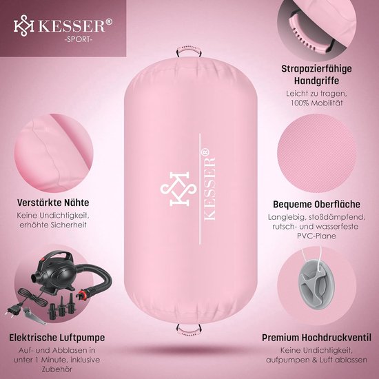 Opblaasbare Gymnastiekrol 100 x 60 cm - Inclusief Elektrische Luchtpomp en Draagtas - Tumbling, Yoga en Fitness Rol - Roze — afbeelding 2
