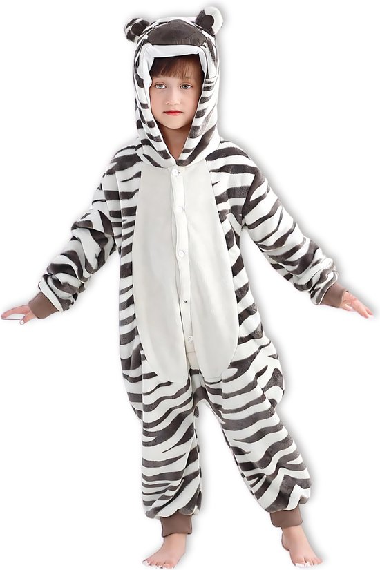 BoefieBoef Dieren Onesie Verkleedkleding Kinderen 10-14 jaar – Comfortabele Kostuum Pyjama – Maat 140 tot 160 – Dierenpak voor Jongens en Meisjes – Feest, Carnaval Verkleedkleding - Kerst, Dierenpak - of Verjaardag Cadeau - Zebra zwart wit
