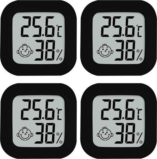 Hygrometer - Weerstation - Luchtvochtigheidsmeter - Thermometer Voor Binnen - Incl. Batterij & Plakstrip - Set - 4 Stuks Zwart