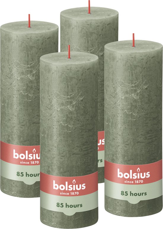 Bolsius - Bougie Rustique - Vert Olive - 19cm - 4 pièces