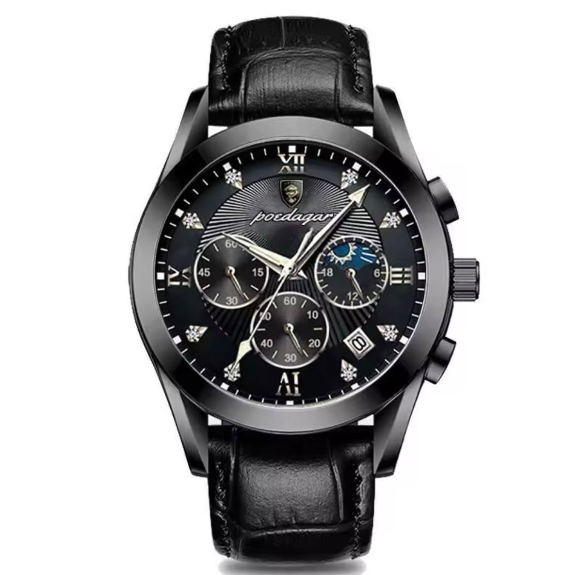 Mpariz-Luxe Herenhorloge - Leren Band - Polshorloge - Heren - Cadeau - Horloge - Geschenkdoos - Mannen - Zwart Zwart- Polsband Zwart