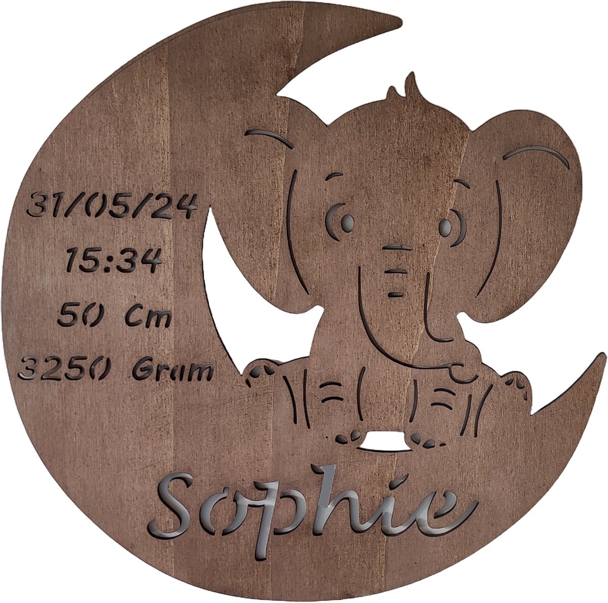 Goedkoopste Gepersonaliseerd Houten Geboortebord met Maan en olifant – Uniek Kraamcadeau met Naam, Geboortedatum, Gewicht en Lengte - 38cm - Palisander hout
