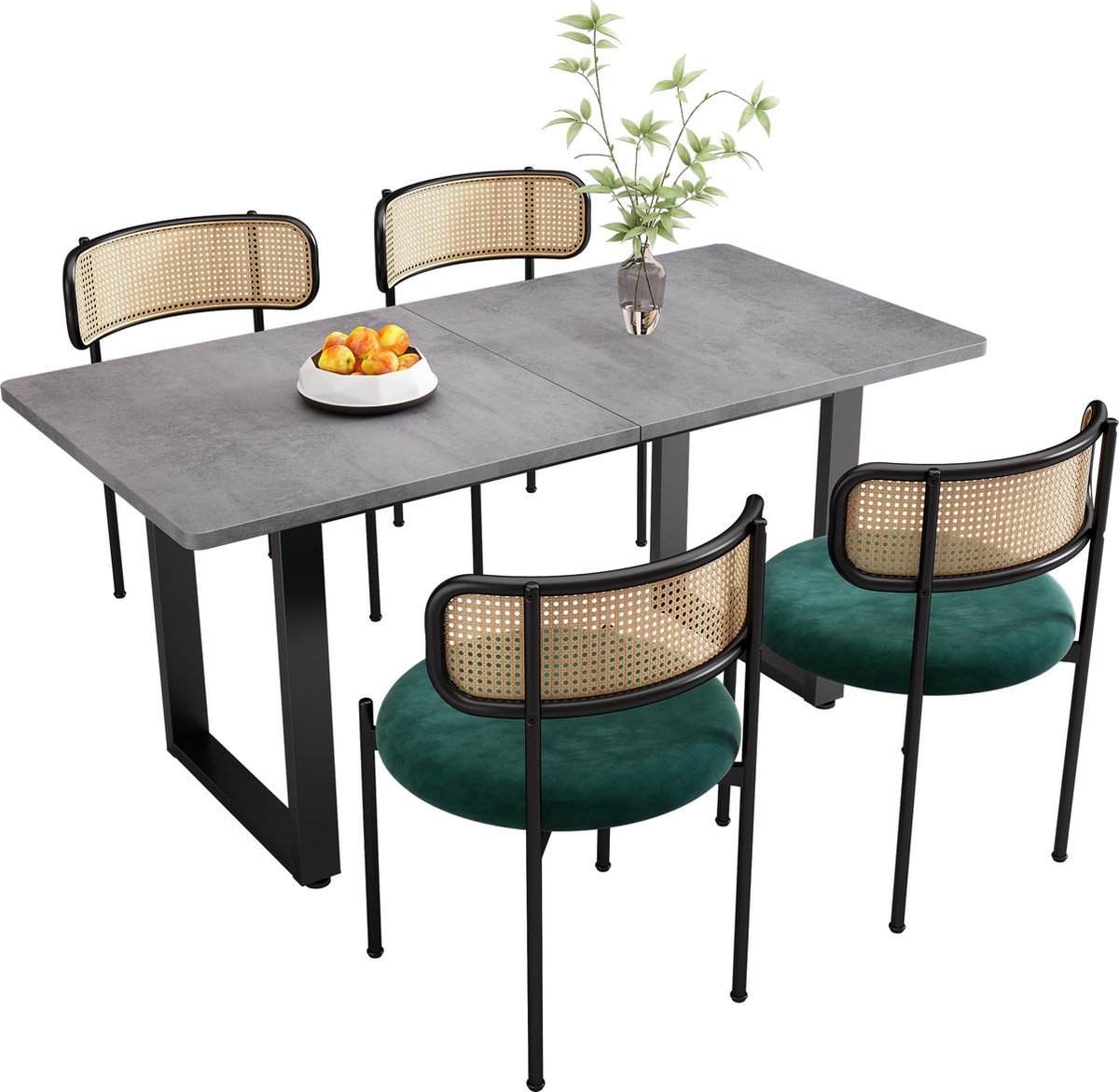 Merax Eetgroep Set (5-delig) - 4 Luxe Fluwelen Eetstoelen & 1 Rechte Eettafel - Modern Design in Grijs, Groen en Zwart