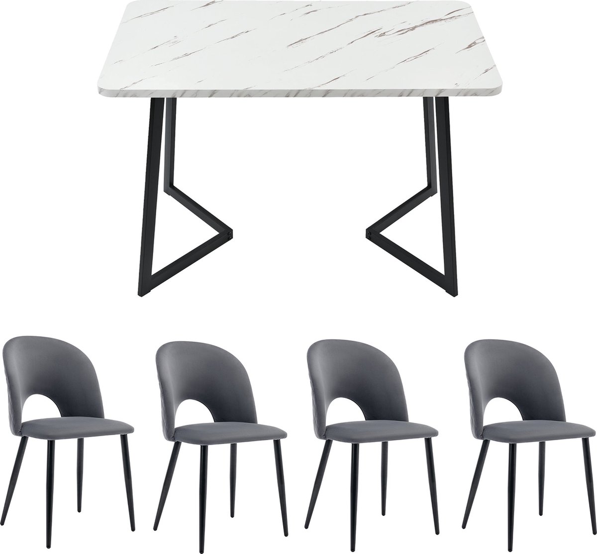 Merax 5-delige Eettafelset – Rechthoekige Tafel 117x68 cm met 4 Grijze Velvet Stoelen – Luxe Eetkamerset met Diamantpatroon Rugleuning en Verstelbare Poten – Metaal & MDF grijs