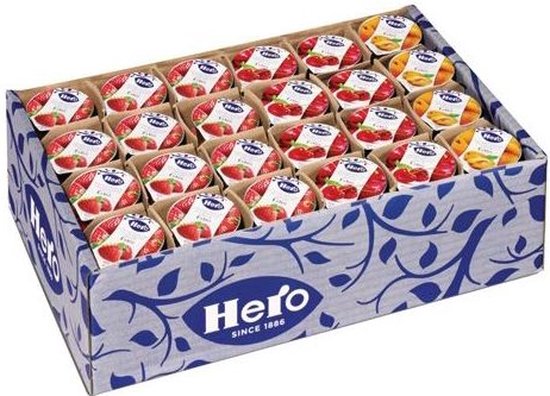 Foto: Hero jam assortiment voordeelverpakking 120 cupjes van 25 gram aardbei kers abrikoos