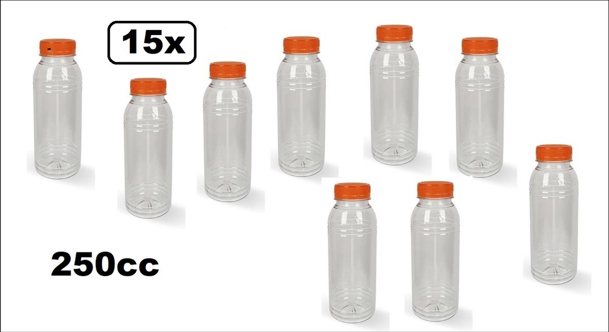 15x Flesje PET helder 250cc met oranje dop - drink fles vruchten sap limonade drank