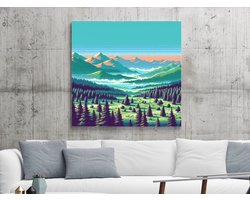 Pixel art landschap schilderij | Stippelend panorama: een kunstwerk van digitaal gepixeld landschap | Kunst - 60x60 centimeter op Forex | Foto op Forex