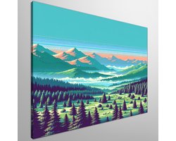 Pixel art landschap schilderij | Stippelend panorama: een kunstwerk van digitaal gepixeld landschap | Kunst - 60x60 centimeter op Canvas | Foto op Canvas