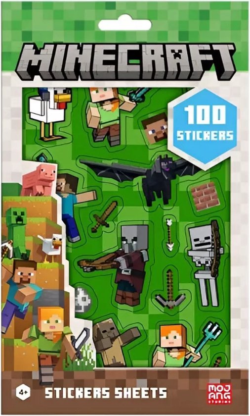 Minecraft 100 stickers verpakking met beelden van Steve, Alex, Enddraak, Schedel, varkens, kippen en Creepers.