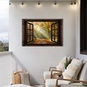 Open raam met boslandschap in herfstkleuren op een witte buitenmuur met loungebanken.