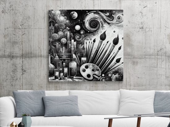 Olieverf zwart wit schilderij | Monochroom meesterwerk: een zwart-wit oogstrelend olieverf kunstpareltje | Kunst - 40x40 centimeter op Canvas | Foto op Canvas