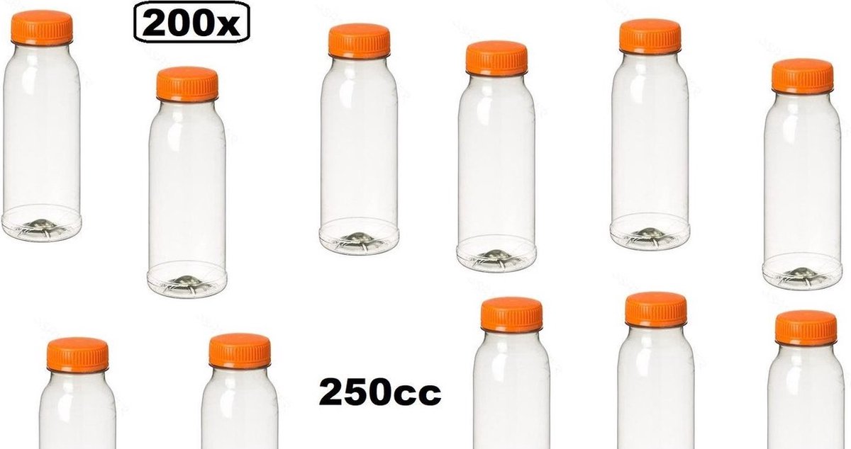 200x Flesje PET helder 250cc met oranje dop - drink fles vruchten sap limonade drank