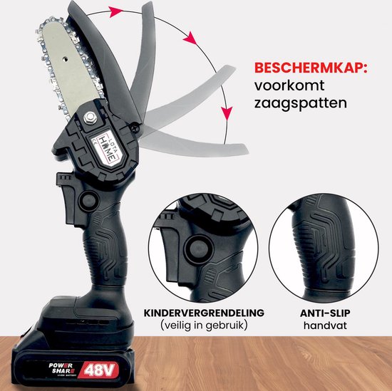 LotaHome - Mini Kettingzaag - Elektrische Kettingzaag met 2 Accu's - 48V - Snoeizaag - Tuinieren - Krachtige Kettingzaag - Handkettingzaag - Elektrische Snoeischaar - Met Extra Accu, 3x Ketting, Handschoenen, Bril en Opbergkoffer - Zwart - Cadeau van Merkloos	 — afbeelding 3