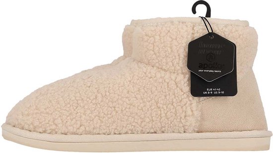 Offwhite teddy enkellaars pantoffel met beige suède hiel en Apollo merklabel.