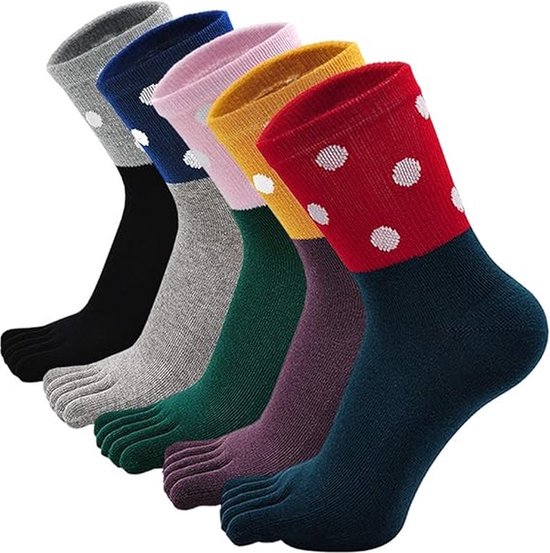 Vijf paar teensokken in verschillende kleuren: zwart, grijs, roze, geel en rood met witte stippen op de boord.