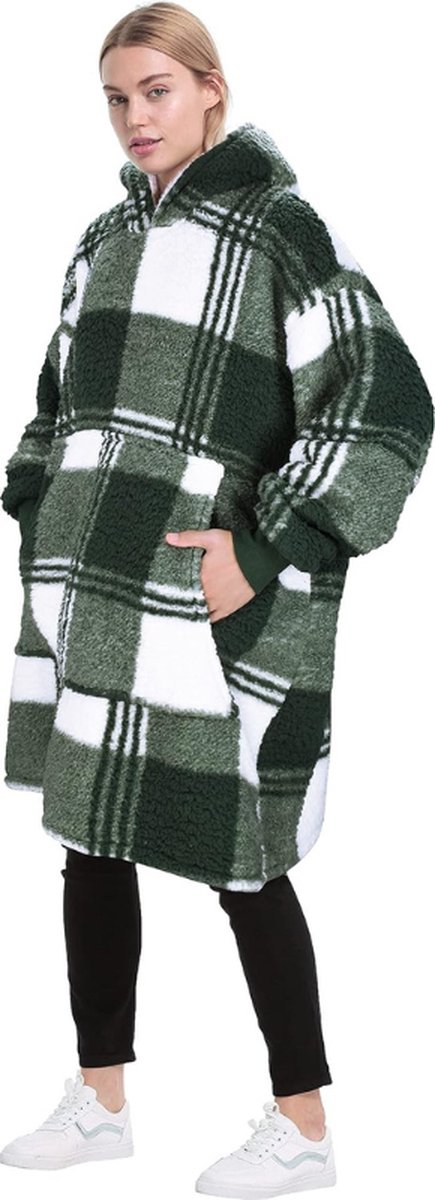 Oversized Sherpa Capuchonpullover – Deken Sweatshirt Met Voorzak – Knuffelwarme Draagbare Deken Voor Volwassenen In Geruit Groen
