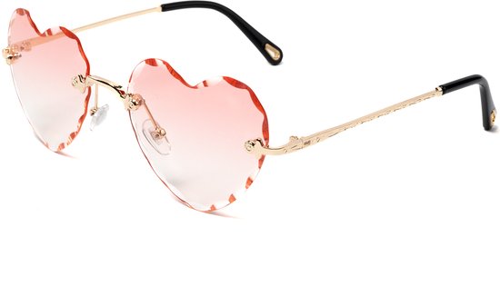 KIMU Diamanten Hart Zonnebril - Goud Montuur - Roze Glazen - Hartjes Bril Diamant Kristal Geslepen Rand Hartje Liefde Valentijn Rosé Carnaval