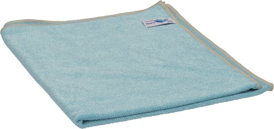 Drap bleu clair en microfibre, 55 x 65cm, avec bordure grise. Logo Flipper visible.