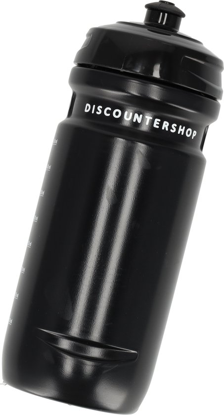 Zwarte sportfles van 600 ml met maatstreepjes (tot 450 ml) en het Discoutershop logo.