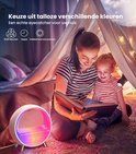 Moeder en dochter lezen onder een tent, verlicht door een veelkleurige ronde wekker die naast hen staat.
