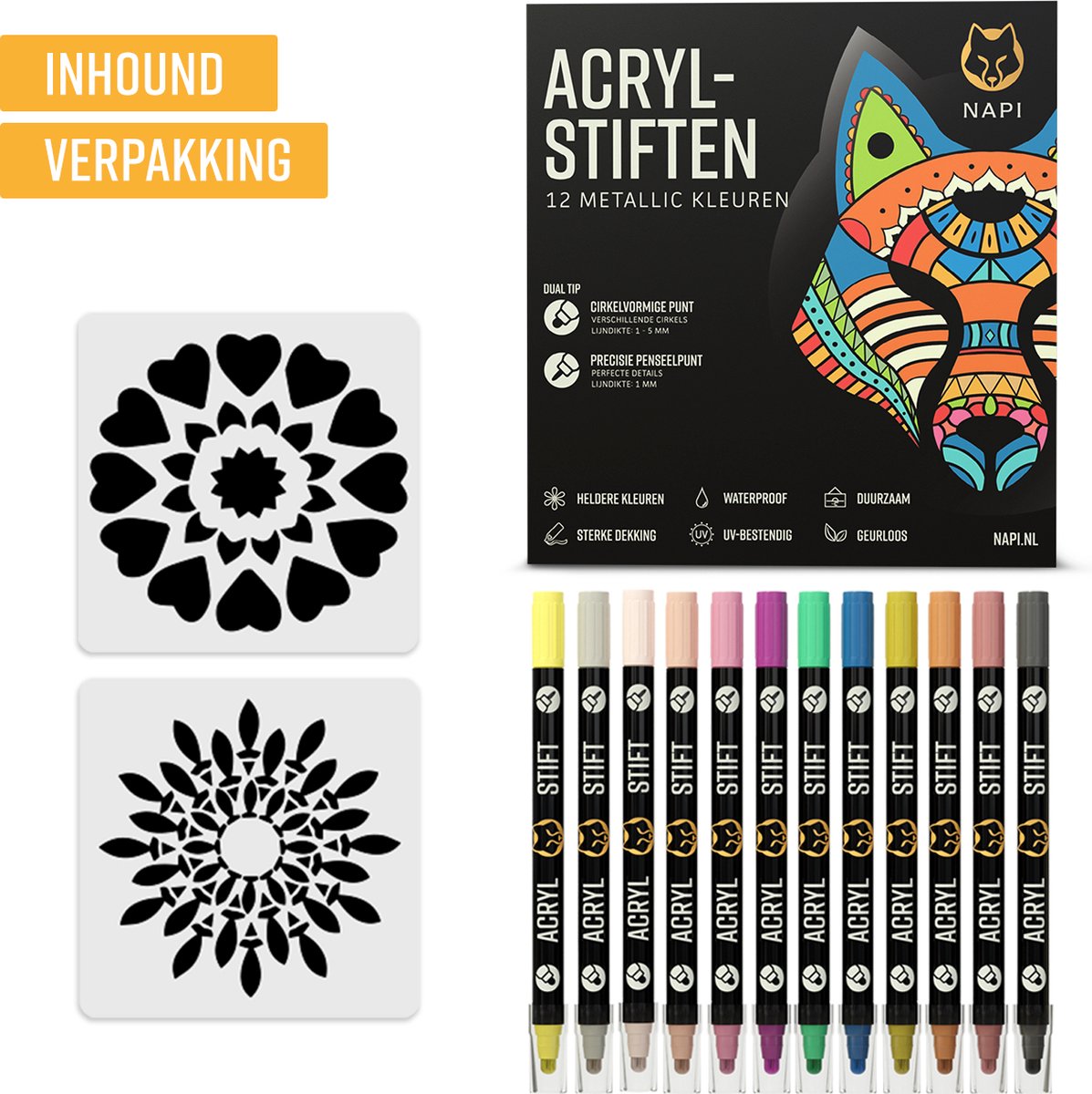 Napi Acrylstiften 12st Metallic - Brush en Fine Tip Twinmarkers - Verfstiften Happy Stones - Stenen Schilderen met Acryl Verf Marker Stiften - Volwassenen en Kinderen - Incl. 2 Mandala Sjablonen — afbeelding 8
