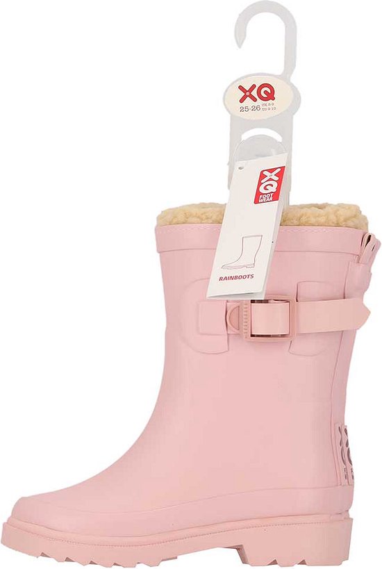 Roze regenlaars met teddy voering, gesp en verpakking.