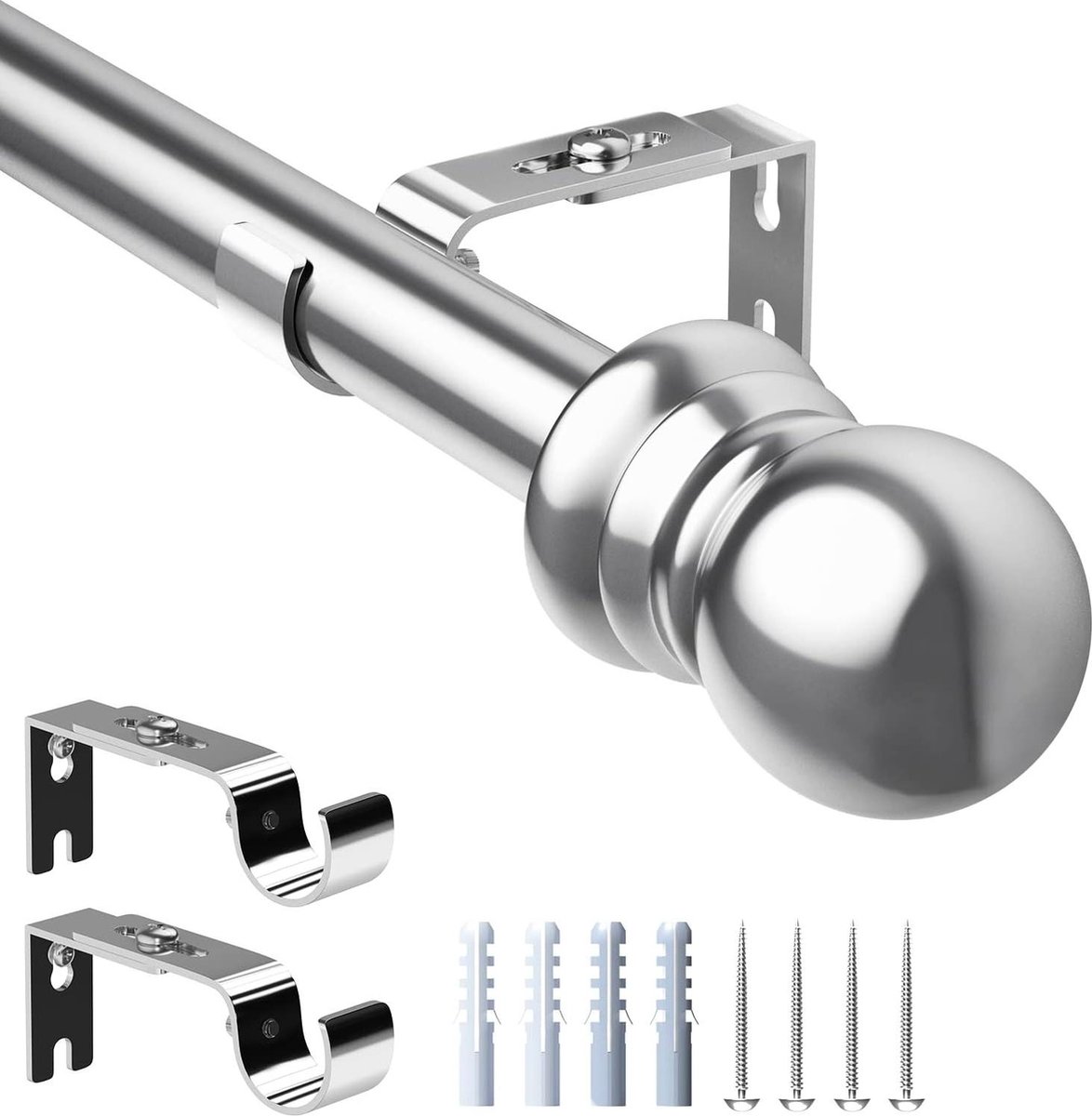 Simple Retractable Metal Shower Curtain Rod - Adjustable Holder with Round Ends - Silver 76cm-221cm