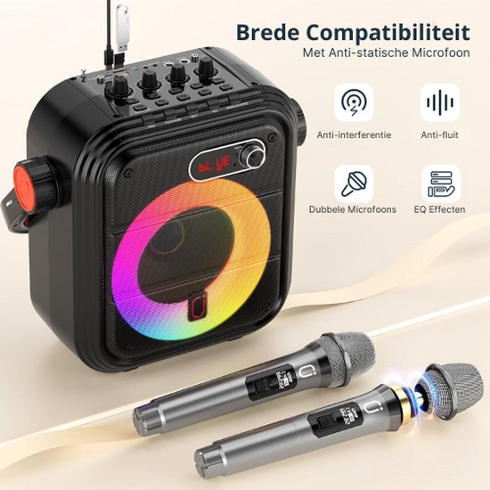 Karaokemachine met 2 draadloze microfoons, draagbare Bluetooth 5.3 karaoke- luidspreker met nieuwste DSP-chip, PA-systeem met afstandsbediening, LED- verlichting, echo-aanpassing, ondersteuning TWS