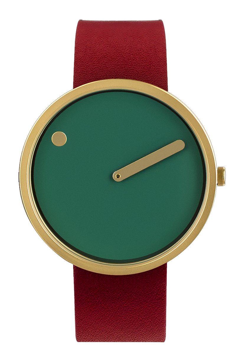 Picto Design Horloge Groene Wijzerplaat, Robijnrode Lederen Horlogeband 43377-4320G - Uniseks - 40mm