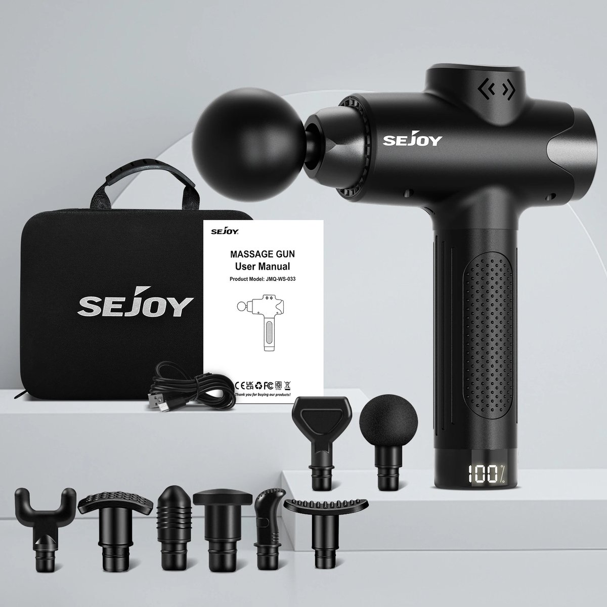 Seastone - Draagbare Massage Gun - Sejoy - 12 snelheden - Superstil - Lichtgewicht lichaamsmassage met LED-touchscreen - 8 vervangbare massagekoppen - Inclusief opbergtas & USB