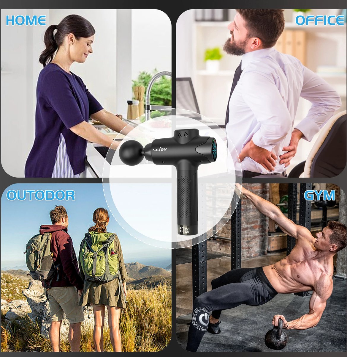 Afbeelding 3 van Seastone - Draagbare Massage Gun - Sejoy - 12 snelheden - Superstil - Lichtgewicht lichaamsmassage met LED-touchscreen - 8 vervangbare massagekoppen - Inclusief opbergtas & USB