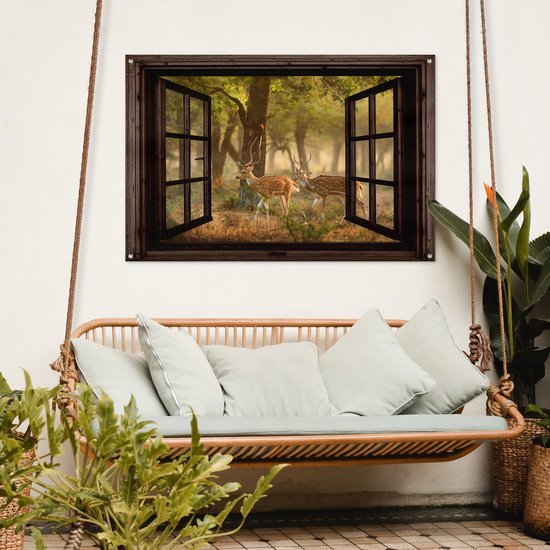 Tuinposter 120x80 cm - Tuindecoratie Herten - Bos - Herfst - Bosdieren - Natuur - Hert - Doorkijk - Poster voor in de tuin - Buiten decoratie - Schutting tuinschilderij - Tuindoek muurdecoratie - Wanddecoratie balkondoek