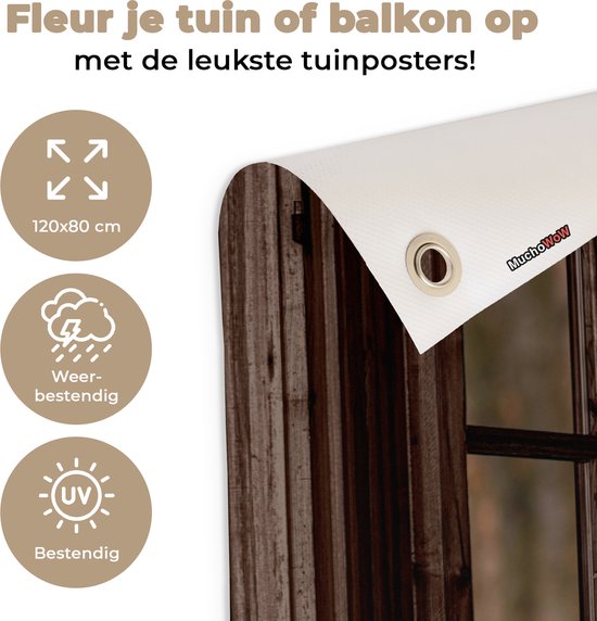 Tuinposter 120x80 cm - Tuindecoratie Hert - Dier - Bos - Herfst - Hertenkop - Bruin - Doorkijk - Poster voor in de tuin - Buiten decoratie - Schutting tuinschilderij - Tuindoek muurdecoratie - Wanddecoratie balkondoek