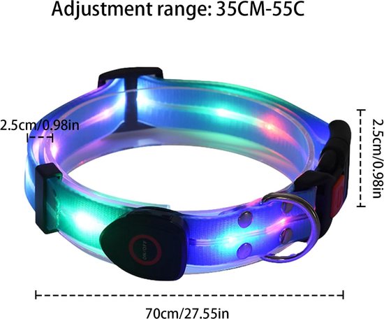 Collier LED bleu avec lumières multicolores, mesurant 70cm/27.55in de long et 2.5cm/0.98in de large.