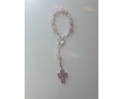 Rozenkrans - Tientje - Paternoster, gemaakt met Rozenkwarts halfedelsteen kralen en o.a. kristallen van Swarovski, (gebedssnoer, kerst, eerste communie, geloof, ketting, Hanger, kruisteken, kruis, meditatie, mediteren, gebed, spiritueel)