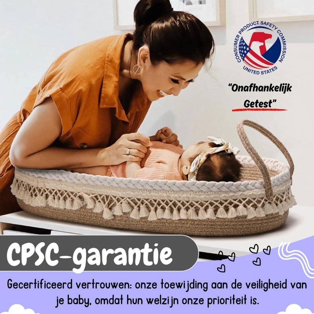 SEBRAM Luxe aankleedmat, babyluiermand met extra reismat, schuimstofmatras en waterafstotende overtrek, Moise babymand van katoenen touw (BEIGE