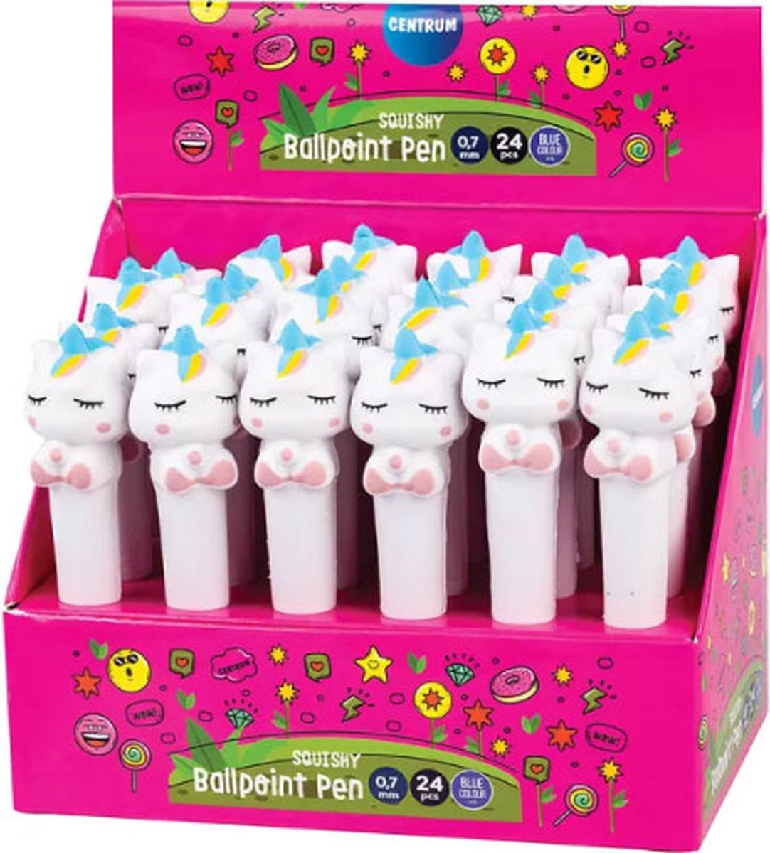 Centrum unicorn squishy balpen set - 24 stuks - kleurrijk schrijfplezier.