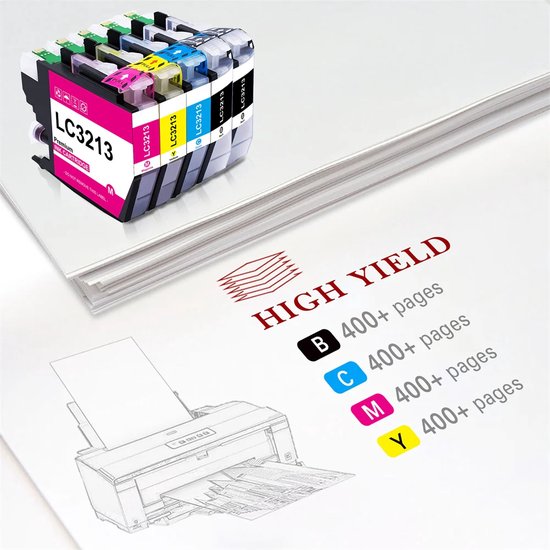 Set van 6 LC3213 inktcartridges: zwart, cyaan, magenta en geel. "HIGH YIELD" en "400+ pages" tekst.