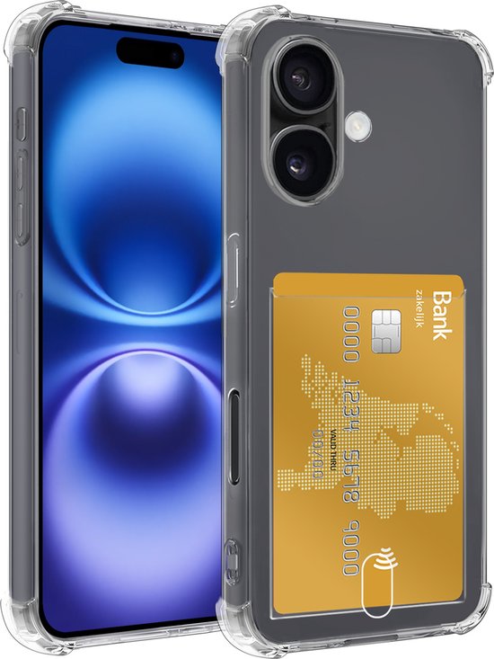 Coque adaptée pour iPhone 16 avec porte-cartes, coque en Siliconen avec porte-cartes – Coque adaptée pour iPhone 16, coque résistante aux chocs – Transparent