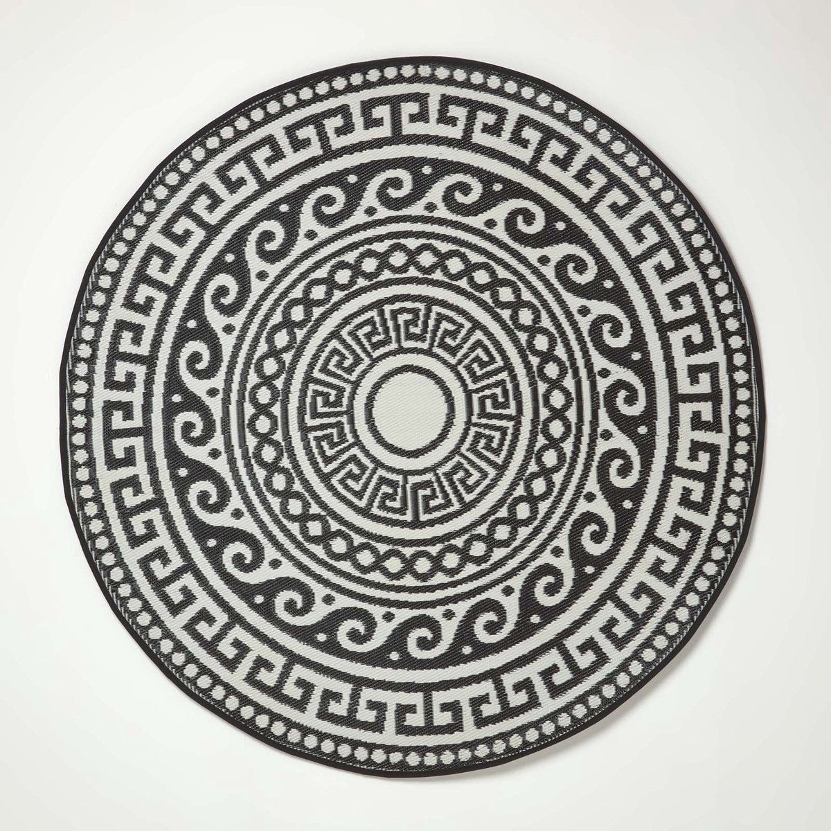 Homescapes Buitenkleed Rond Vloerkleed – ⌀180cm – Buitentapijt – Zwart–Wit Tuinkleed Tuinkleed – Tuintapijt – Omkeerbaar – Waterdicht & UV–bestendig – Gerecycled polypropyleen – "Enid"