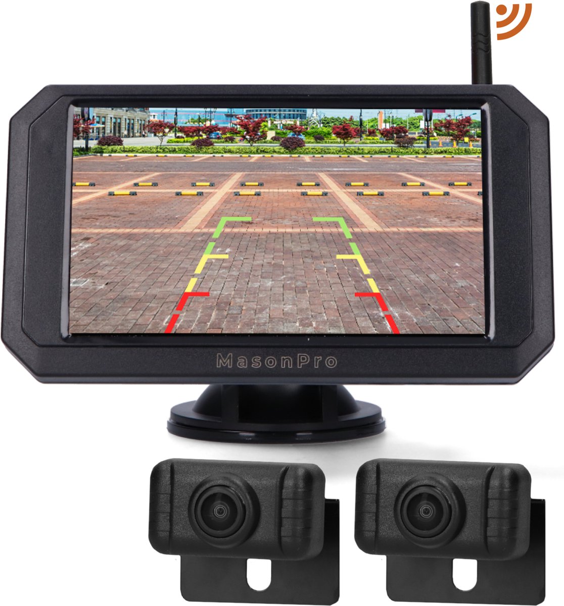 MasonPro Achteruitrijcamera Set met 2 Camera’s - Draadloos - Achteruitrij Camera voor Auto, Bus, Camper, Caravan Vrachtwagen en Landbouw - IP69 Waterdicht - IR Nachtzicht 15 M - 5 Inch