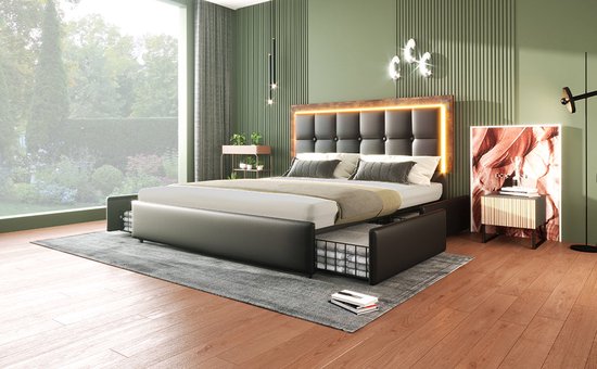 Merax Lit Double Queensize 160x200 cm avec Matras en Mousse Froide - Lit rembourré en Simili Cuir avec 4 tiroirs et LED- Siècle des Lumières - Zwart
