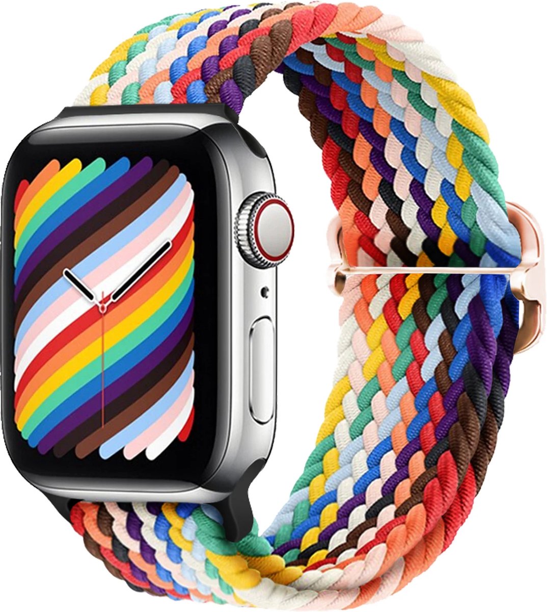Strap-it Gevlochten smartwatch bandje - geschikt voor Apple WatchSeries 1/2/3/4/5/6/7/8/9/10/11/SE/SE2/SE3/Ultra (2) - regenboog - verstelbaar gevlochten bandje voor iWatch maat: 44mm / 45mm / 46mm / 49mm