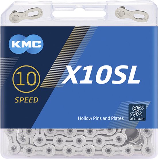 KMC X10SL ketting in verpakking met "10 SPEED" en "Hollow Pins and Plates SUPER LIGHT"