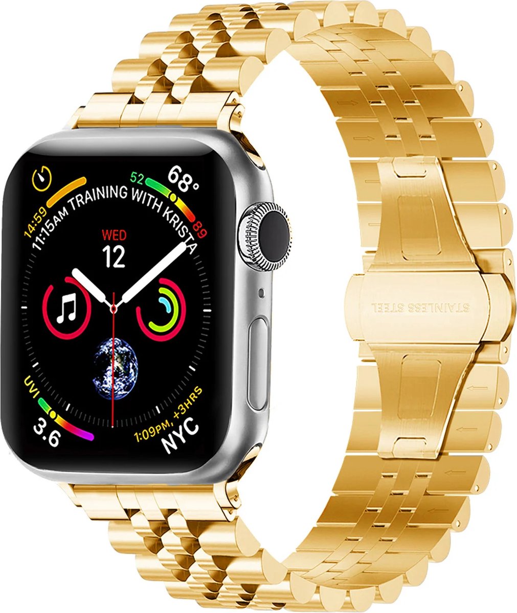 Strap-it Stalen Parel schakel band - Geschikt voor Apple Watch Series 1/2/3/4/5/6/7/8/9/10/11/SE/SE2/SE3/Ultra (2/3) - Rose Gold - RVS band met parel patroon - Metalen iWatch bandje maat: 44mm / 45mm / 46mm / 49mm